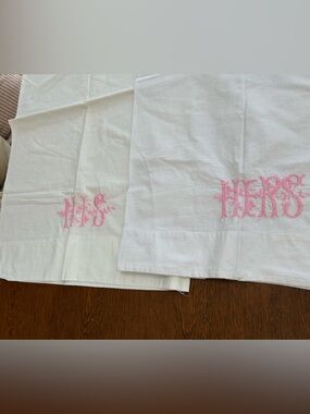 “His” & “Hers”White Monogrammed Pillowcases Set of 2 with Pink Embroidery
